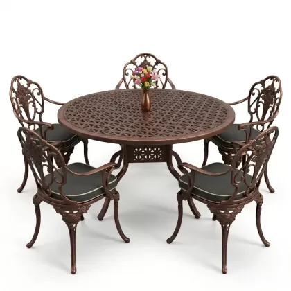 Yuvarlak Masa E:120 x D:120 x Y:74 cm 6 Kişilik kollu gül desen alüminyum döküm masa ve sandalye takımı bakır eskitme