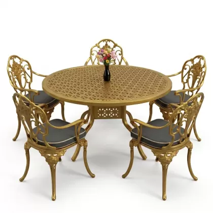 Yuvarlak Masa E:120 x D:120 x Y:74 cm 6 Kişilik kollu gül desen alüminyum döküm masa ve sandalye takımı altın gold
