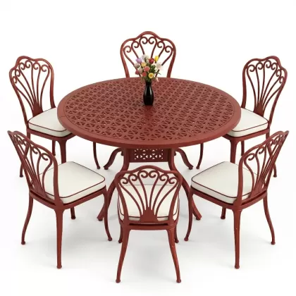 Yuvarlak Masa E:120 x D:120 x Y:74 cm 6 Kişilik kollu gül desen alüminyum döküm masa ve sandalye takımı kırmızı kiremit