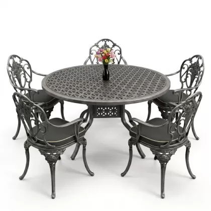 Yuvarlak Masa E:120 x D:120 x Y:74 cm 6 Kişilik kollu gül desen alüminyum döküm masa ve sandalye takımı silver gümüş