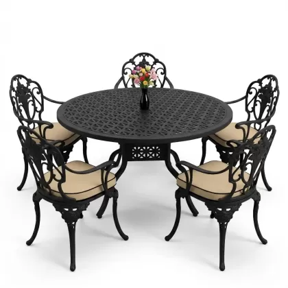 Yuvarlak Masa E:120 x D:120 x Y:74 cm 6 Kişilik kollu gül desen alüminyum döküm masa ve sandalye takımı siyah