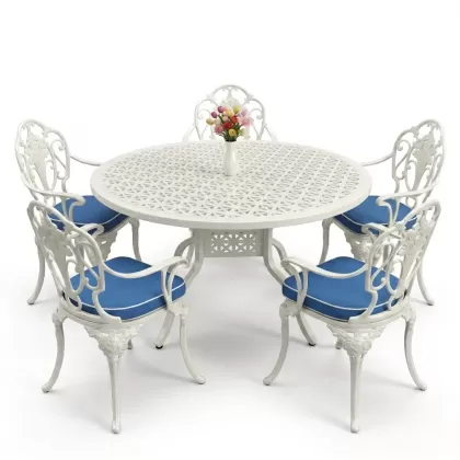 Yuvarlak Masa E:120 x D:120 x Y:74 cm 6 Kişilik kollu gül desen alüminyum döküm masa ve sandalye takımı beyaz