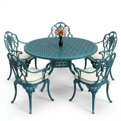 Yuvarlak Masa E:120 x D:120 x Y:74 cm 6 Kişilik kollu gül desen alüminyum döküm masa ve sandalye takımı turkuaz