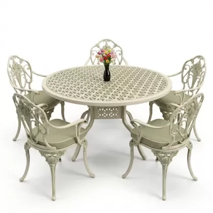 Yuvarlak Masa E:120 x D:120 x Y:74 cm 6 Kişilik kollu gül desen alüminyum döküm masa ve sandalye takımı yeşil patina