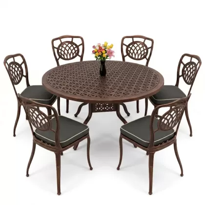 Yuvarlak Masa E:160 x D:160 x Y:74 cm 6 Kişilik kolsuz ay desen alüminyum döküm masa ve sandalye takımı bakır eskitme