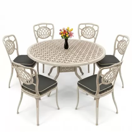 Yuvarlak Masa E:160 x D:160 x Y:74 cm 6 Kişilik kolsuz ay desen alüminyum döküm masa ve sandalye takımı beyaz eskitme