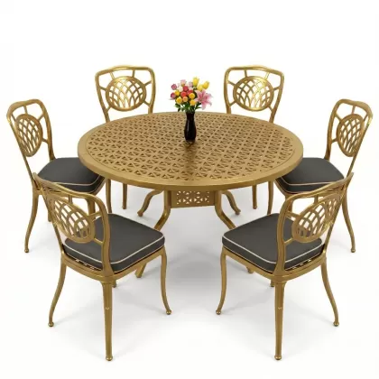 Yuvarlak Masa E:160 x D:160 x Y:74 cm 6 Kişilik kolsuz ay desen alüminyum döküm masa ve sandalye takımı gold altın
