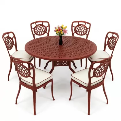 Yuvarlak Masa E:160 x D:160 x Y:74 cm 6 Kişilik kolsuz ay desen alüminyum döküm masa ve sandalye takımı kırmızı kiremit