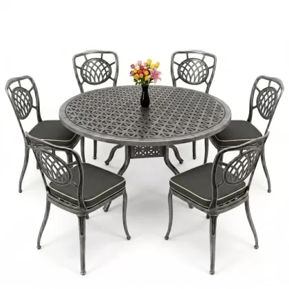 Yuvarlak Masa E:160 x D:160 x Y:74 cm 6 Kişilik kolsuz ay desen alüminyum döküm masa ve sandalye takımı silver gümüş