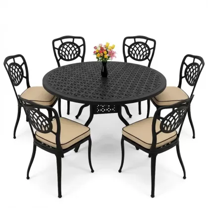 Yuvarlak Masa E:160 x D:160 x Y:74 cm 6 Kişilik kolsuz ay desen alüminyum döküm masa ve sandalye takımı siyah