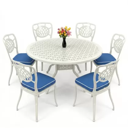 Yuvarlak Masa E:160 x D:160 x Y:74 cm 6 Kişilik kolsuz ay desen alüminyum döküm masa ve sandalye takımı beyaz