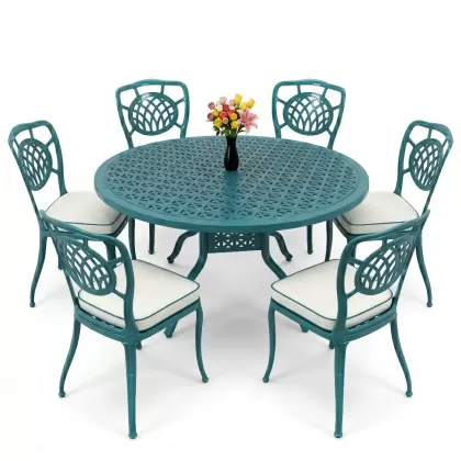Yuvarlak Masa E:160 x D:160 x Y:74 cm 6 Kişilik kolsuz ay desen alüminyum döküm masa ve sandalye takımı turkuaz