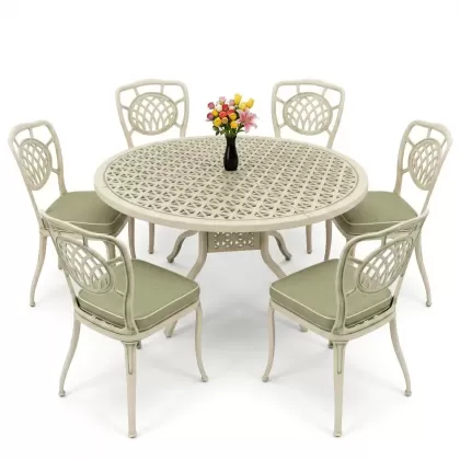 Yuvarlak Masa E:160 x D:160 x Y:74 cm 6 Kişilik kolsuz ay desen alüminyum döküm masa ve sandalye takımı yeşil patina