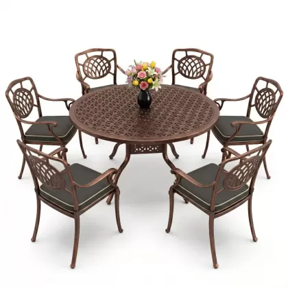 Yuvarlak Masa E:160 x D:160 x Y:74 cm 6 Kişilik kollu ay desen alüminyum döküm masa ve sandalye takımı bakır eskitme