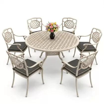 Yuvarlak Masa E:160 x D:160 x Y:74 cm 6 Kişilik kollu ay desen alüminyum döküm masa ve sandalye takımı beyaz eskitme
