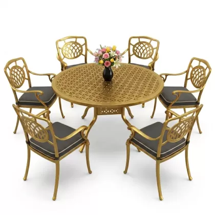 Yuvarlak Masa E:160 x D:160 x Y:74 cm 6 Kişilik kollu ay desen alüminyum döküm masa ve sandalye takımı gold altın