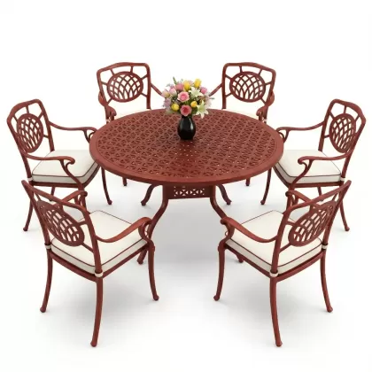 Yuvarlak Masa E:160 x D:160 x Y:74 cm 6 Kişilik kollu ay desen alüminyum döküm masa ve sandalye takımı kiremir kırmızı
