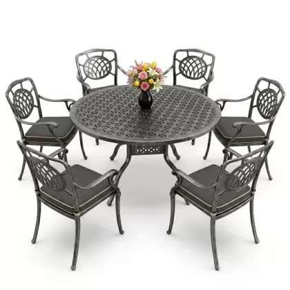 Yuvarlak Masa E:160 x D:160 x Y:74 cm 6 Kişilik kollu ay desen alüminyum döküm masa ve sandalye takımı silver gümüş