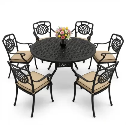 Yuvarlak Masa E:160 x D:160 x Y:74 cm 6 Kişilik kollu ay desen alüminyum döküm masa ve sandalye takımı siyah