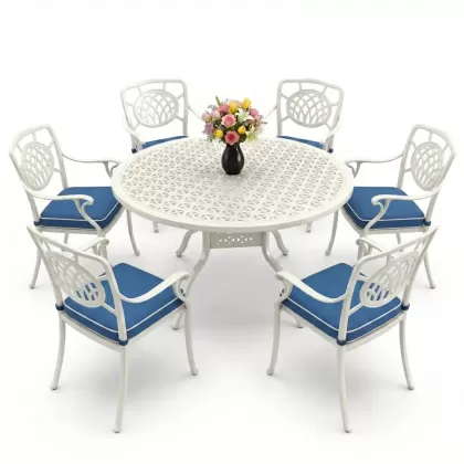 Yuvarlak Masa E:160 x D:160 x Y:74 cm 6 Kişilik kollu ay desen alüminyum döküm masa ve sandalye takımı beyaz