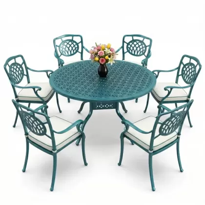 Yuvarlak Masa E:160 x D:160 x Y:74 cm 6 Kişilik kollu ay desen alüminyum döküm masa ve sandalye takımı turkuaz