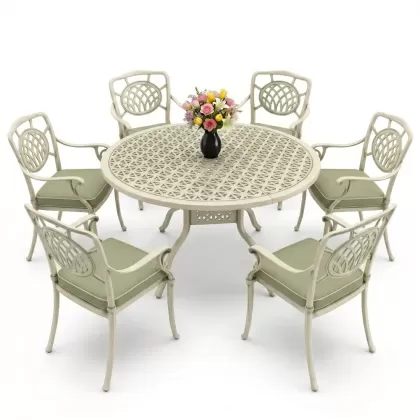 Yuvarlak Masa E:160 x D:160 x Y:74 cm 6 Kişilik kollu ay desen alüminyum döküm masa ve sandalye takımı yeşil patina