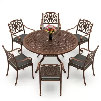 Yvarlak Masa E:160 x D:160 x Y:74 cm 6 Kişilik kelebek desen alüminyum döküm masa ve sandalye takımı bakır eskitme