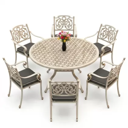 Yvarlak Masa E:160 x D:160 x Y:74 cm 6 Kişilik kelebek desen alüminyum döküm masa ve sandalye takımı beyaz eskitme