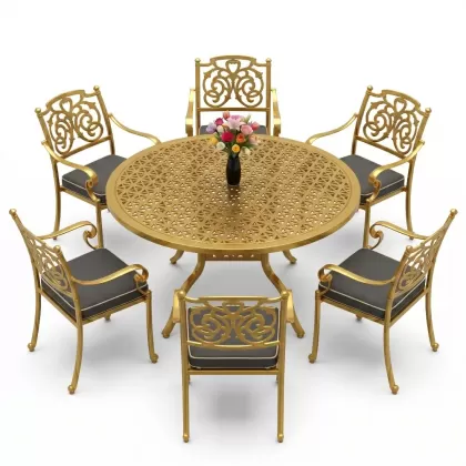 Yvarlak Masa E:160 x D:160 x Y:74 cm 6 Kişilik kelebek desen alüminyum döküm masa ve sandalye takımı gold altın