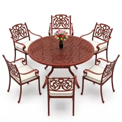 Yvarlak Masa E:160 x D:160 x Y:74 cm 6 Kişilik kelebek desen alüminyum döküm masa ve sandalye takımı kiremit kırmızı