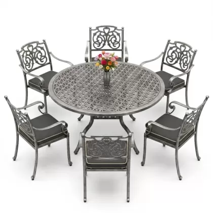 Yvarlak Masa E:160 x D:160 x Y:74 cm 6 Kişilik kelebek desen alüminyum döküm masa ve sandalye takımı gümüş silver