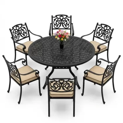 Yvarlak Masa E:160 x D:160 x Y:74 cm 6 Kişilik kelebek desen alüminyum döküm masa ve sandalye takımı siyah