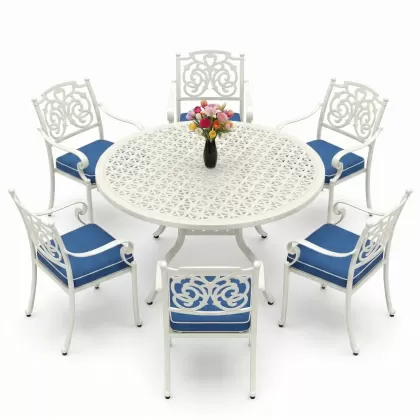 Yvarlak Masa E:160 x D:160 x Y:74 cm 6 Kişilik kelebek desen alüminyum döküm masa ve sandalye takımı beyaz