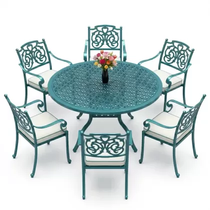 Yvarlak Masa E:160 x D:160 x Y:74 cm 6 Kişilik kelebek desen alüminyum döküm masa ve sandalye takımı turkuaz