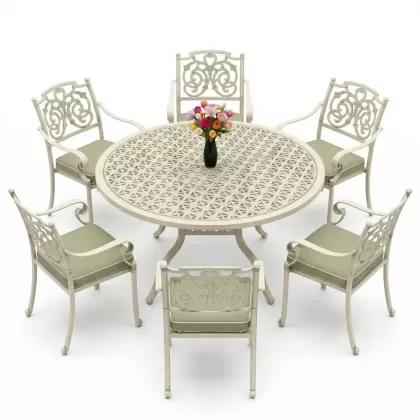 Yvarlak Masa E:160 x D:160 x Y:74 cm 6 Kişilik kelebek desen alüminyum döküm masa ve sandalye takımı yeşil patina