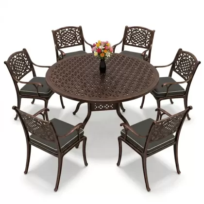 Yuvarlak Masa E:60 x D:160 x Y:74 cm 6 Kişilik güneş motifli alüminyum döküm masa ve sandalye takımı bakır eskitme