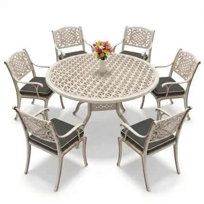 Yuvarlak Masa E:60 x D:160 x Y:74 cm 6 Kişilik güneş motifli alüminyum döküm masa ve sandalye takımı beyaz eskitme