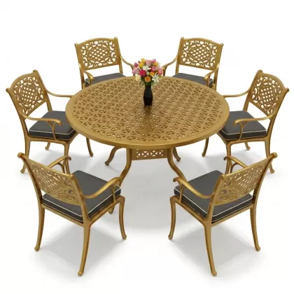 Yuvarlak Masa E:60 x D:160 x Y:74 cm 6 Kişilik güneş motifli alüminyum döküm masa ve sandalye takımı gold altın