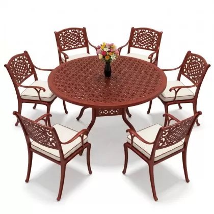 Yuvarlak Masa E:60 x D:160 x Y:74 cm 6 Kişilik güneş motifli alüminyum döküm masa ve sandalye takımı kırmızı kiremit