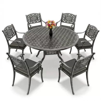 Yuvarlak Masa E:60 x D:160 x Y:74 cm 6 Kişilik güneş motifli alüminyum döküm masa ve sandalye takımı silver gümüş