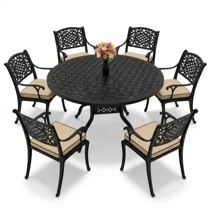 Yuvarlak Masa E:60 x D:160 x Y:74 cm 6 Kişilik güneş motifli alüminyum döküm masa ve sandalye takımı siyah