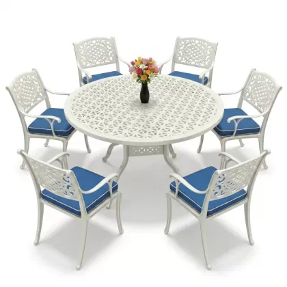 Yuvarlak Masa E:60 x D:160 x Y:74 cm 6 Kişilik güneş motifli alüminyum döküm masa ve sandalye takımı beyaz