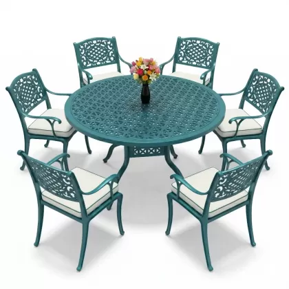 Yuvarlak Masa E:60 x D:160 x Y:74 cm 6 Kişilik güneş motifli alüminyum döküm masa ve sandalye takımı turkuaz