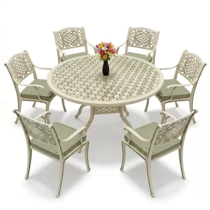 Yuvarlak Masa E:60 x D:160 x Y:74 cm 6 Kişilik güneş motifli alüminyum döküm masa ve sandalye takımı yeşil patina