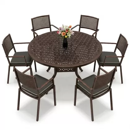 Yuvarlak Masa E:160 x D:160 x Y:74 cm 6 Kişilik modern alüminyum döküm masa ve sandalye takımı bakır eskitme