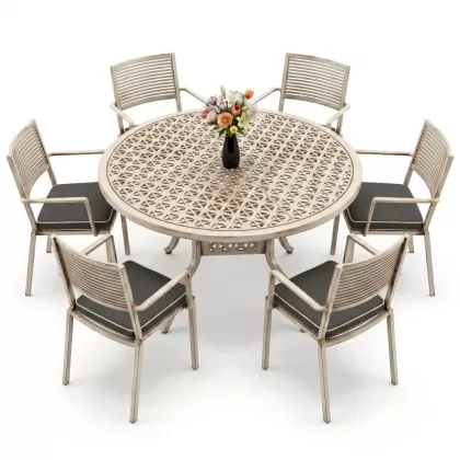 Yuvarlak Masa E:160 x D:160 x Y:74 cm 6 Kişilik modern alüminyum döküm masa ve sandalye takımı beyaz eskitme