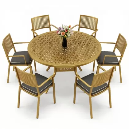 Yuvarlak Masa E:160 x D:160 x Y:74 cm 6 Kişilik modern alüminyum döküm masa ve sandalye takımı gold altın