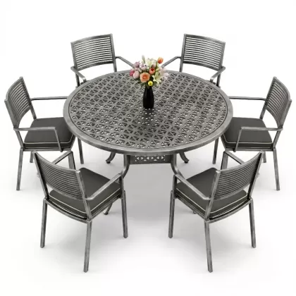 Yuvarlak Masa E:160 x D:160 x Y:74 cm 6 Kişilik modern alüminyum döküm masa ve sandalye takımı silver gümüş