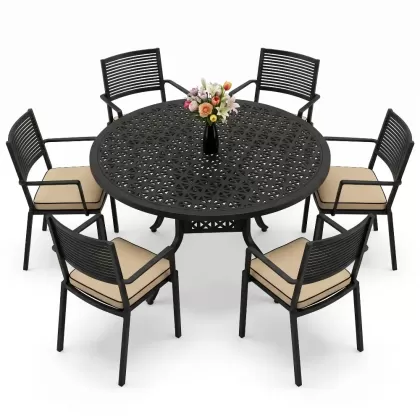 Yuvarlak Masa E:160 x D:160 x Y:74 cm 6 Kişilik modern alüminyum döküm masa ve sandalye takımı siyah