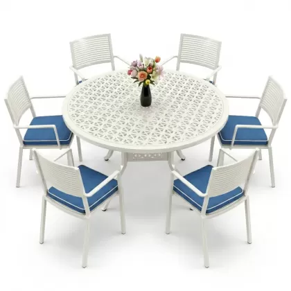 Yuvarlak Masa E:160 x D:160 x Y:74 cm 6 Kişilik modern alüminyum döküm masa ve sandalye takımı beyaz